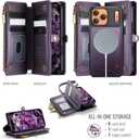 Defencase for iPhone 17 Pro Max Magnetic Wallet Case Compatible with Magsafe with RFID Blocking Zipper & Card Holder for Women Men PU Leather Strap Detachable Case for iPhone 17 Pro Max 6.9", Purple
