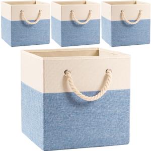 PRANDOM Large Foldable Cube Storage Bins 13x13 inch [4-Pack] Fabric Linen Storage Baskets Cubes Drawer with Cotton Handles Organizer for Shelves Nursery Closet Bedroom Beige/Blue