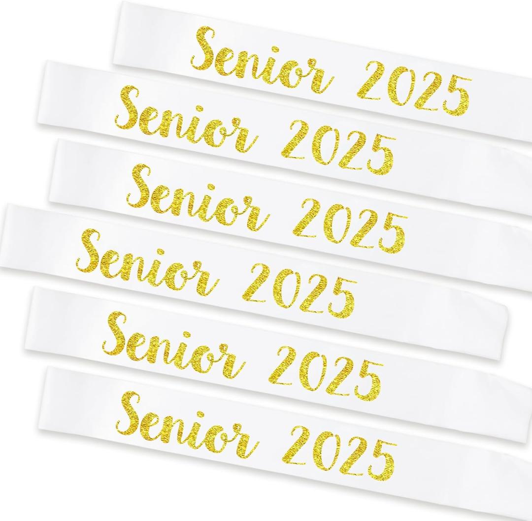 6PCS Senior 2025 Sash, Gold Glitter White Finally Graduated 2025 Senior Cheerleader Sashes for Graduation Party Decorations Supplies