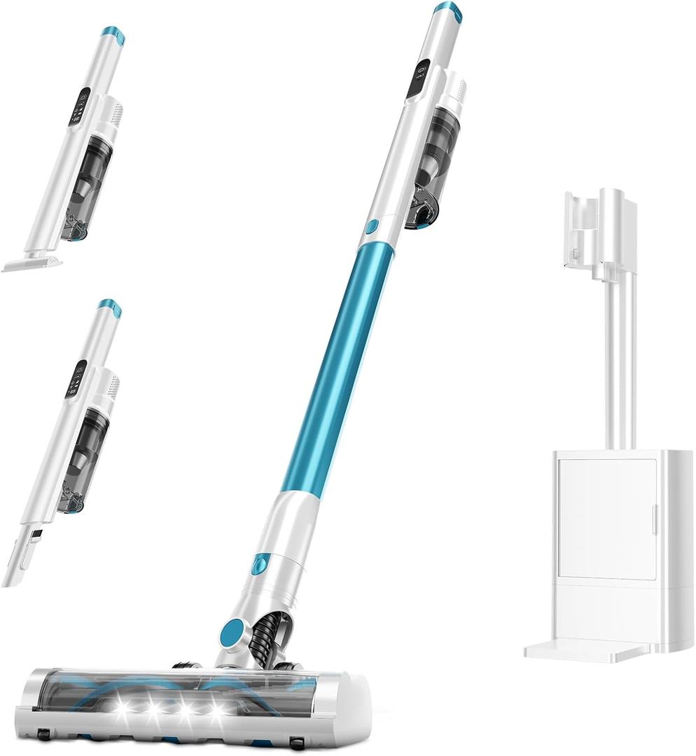 Cordless Stick Vacuum Cleaner with Auto Empty System Self-Charging Base, Powerful Suction for Pet Hair on Carpet & Hardfloor, Lightweight Anti-Tangled Handheld Vacuum, HEPA Filtration, Blue