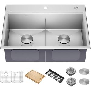 KRAUS Kore 30-Inch Drop In/Top Mount Workstation 16 Gauge 50/50 Double Bowl Stainless Steel Kitchen Sink with Accessories, KWT302-30