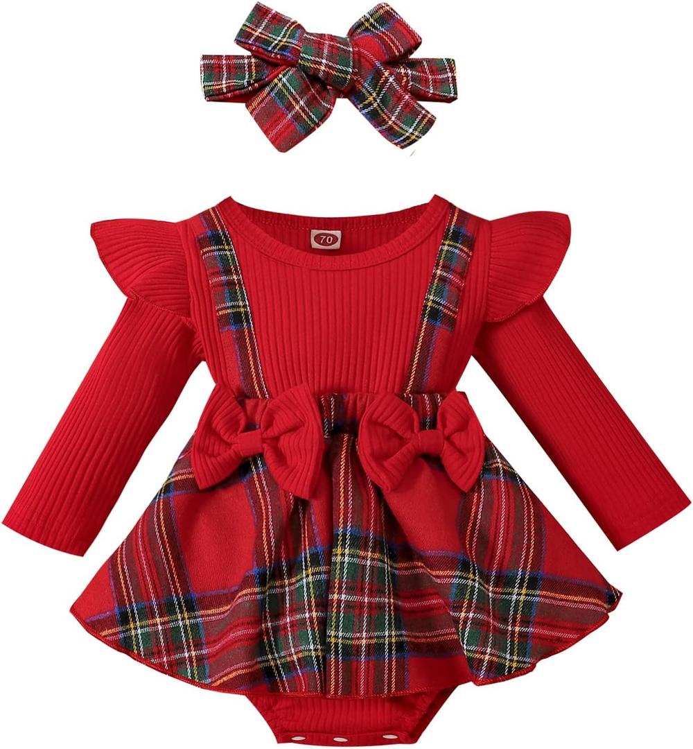 CIYCUIT Baby Girl Outfits Long Sleeve Ruffle Lace Romper Dress Clothes (12-18 Months, Q2 Red)