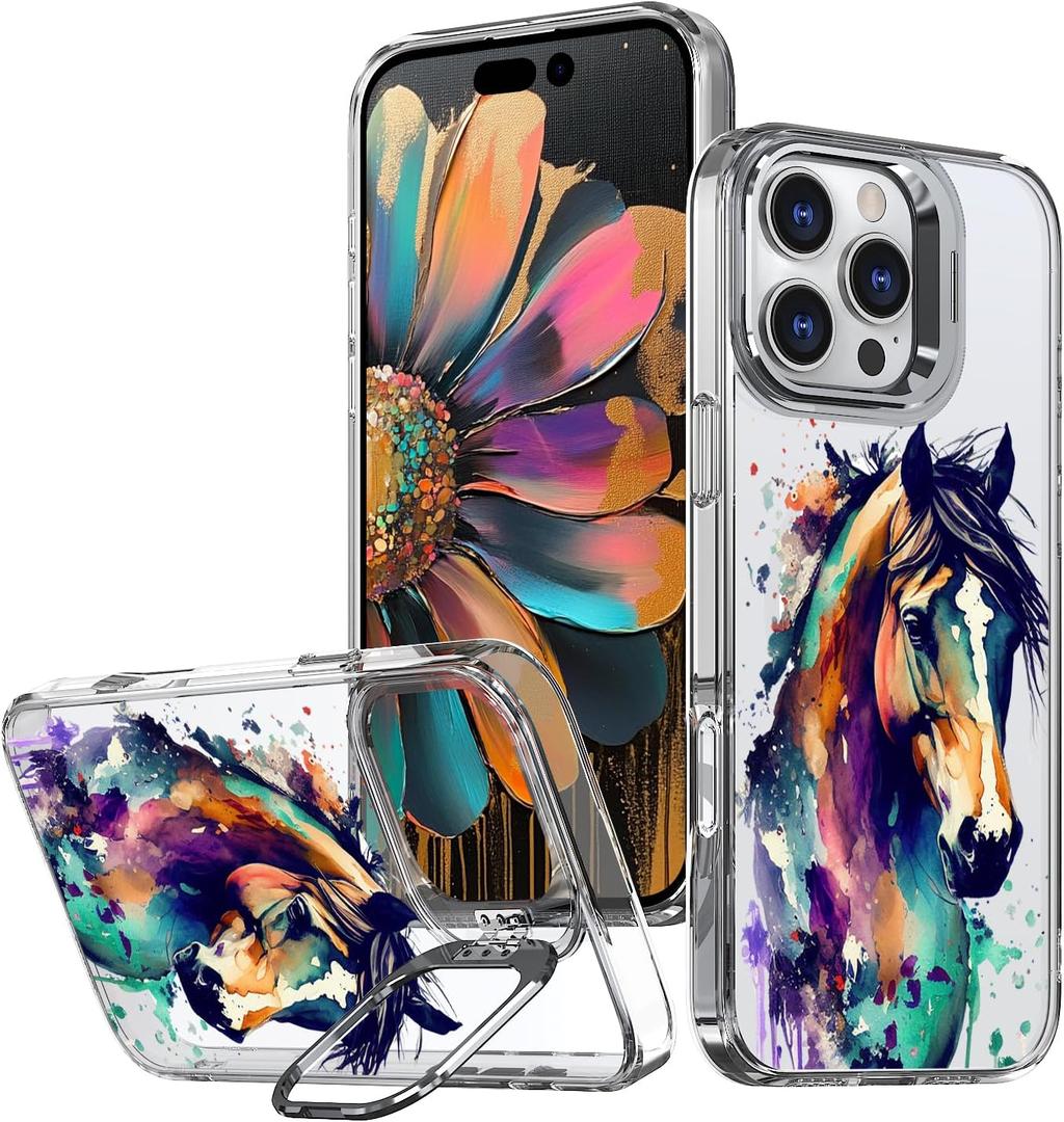 Ecute Strong Magnetic Slim Drop Protective Case (Compatible with MagSafe) with Camera Ring Kickstand for iPhone 17 and iPhone 16 Pro- Color Graffiti Horse