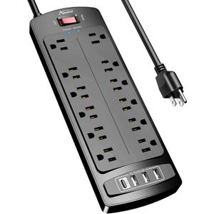 Power Strip, ALESTOR Surge Protector with 12 Outlets and 4 USB Ports, 6 Feet Extension Cord (1875W/15A), 2700 Joules, ETL Listed, Black