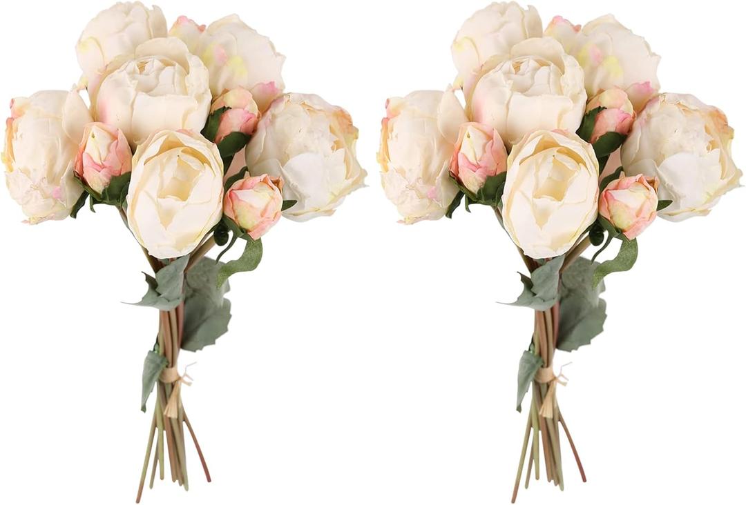 2 Bouquets Peonies Artificial Flowers, Vintage Peonies 18pcs White Fake Flowers for Home Decoration Wedding Decoration Bride Bouquet Silk Peonies for Flowers Crafts Floral Arrangement (White) (Ivory)