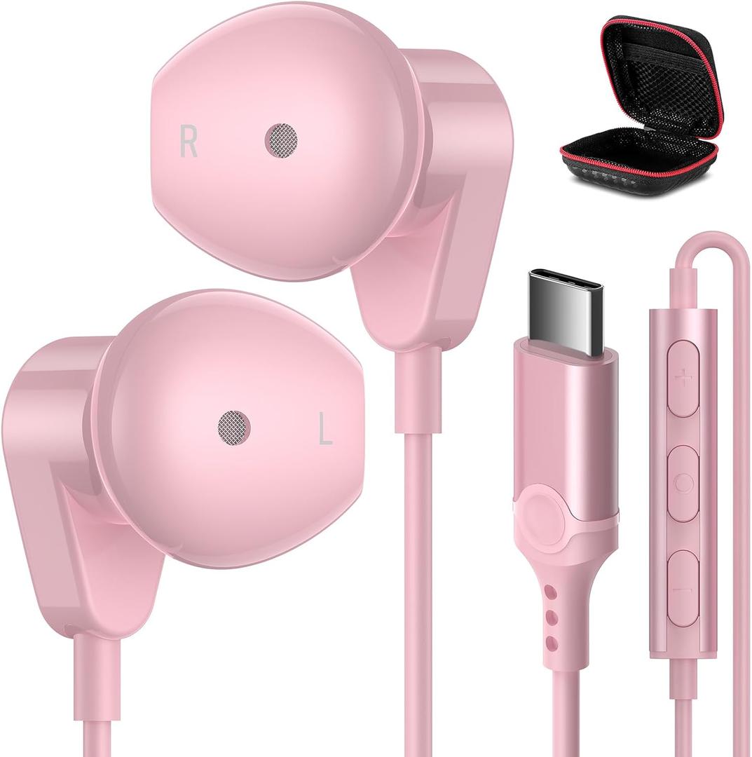 APETOO USB C Headphones for iPhone 15 Plus 16 17 Pro Max iPad Pro USB-C Wired Earbuds with Microphone Volume Control HiFi Stereo Type C Earphones for Galaxy S25/S24/S23/S22 Ultra, Pixel 9 8 7 6, Pink