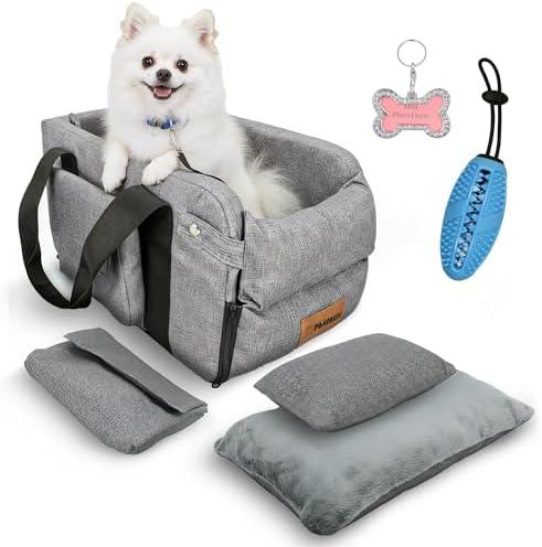 PawCruze Center Console Dog Car Seat for Small Dogs & Puppies - Travel Carrier for Console with Built-in Safety Leash, Foldable Design, Dual-Sided Cushion, Puppy Booster & Bonus Blue Chew Toy (Gray)