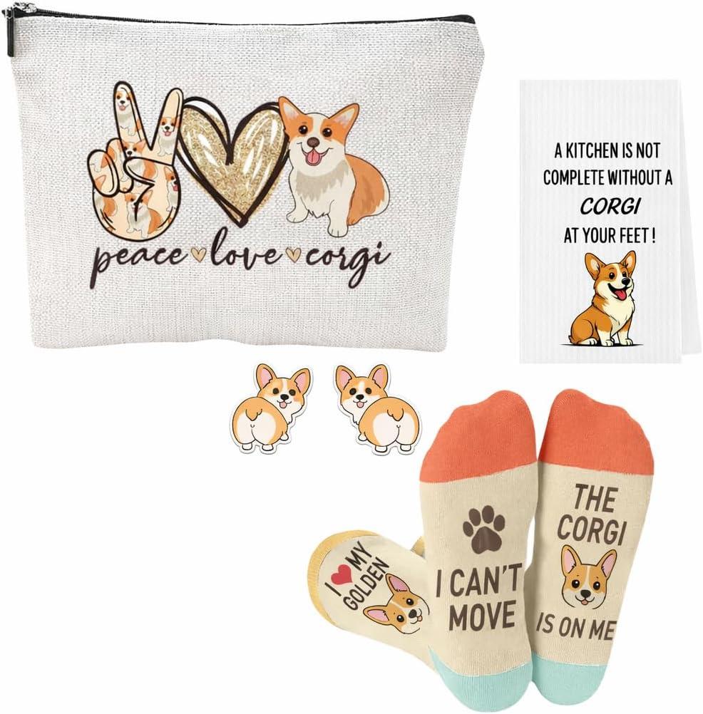 Corgi Gifts for Corgi Lovers Set Includes Corgi Funny Socks, Makeup Bag, Cute Earrings, Stickers,Kitchen Towels -Corgi Gifts