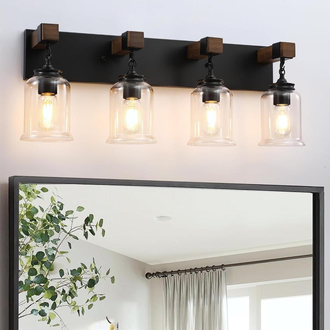 Farmhouse Bathroom Vanity Light, 4 Light Black Bathroom Vanity Light Fixtures Over Mirror, Rustic Wall Lighting with Clear Glass Shades for Living Room, Bedroom, Hallway