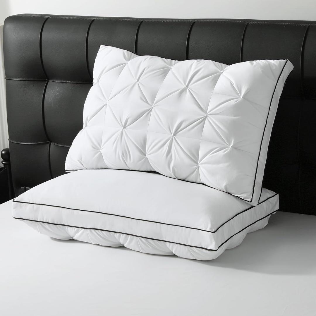 BPC Luxury Goose Feather Down Pillows Queen Size, Gusseted Hotel Bed Pillows for Sleeping, 100% Organic Cotton Cover, Surround Polyester Fill, Soft Fluffy for Sleepers (18"x28" + 2" Gusset, Pack of 2) (White)