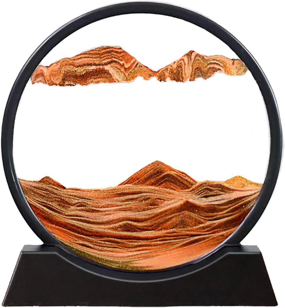 3D Dynamic Sand Art Liquid Motion, Moving Sand Art Picture Round Glass 3D Deep Sea Sandscape in Motion Display Flowing Sand Frame Relaxing Desktop Home Office Work Decor (12, Orange)