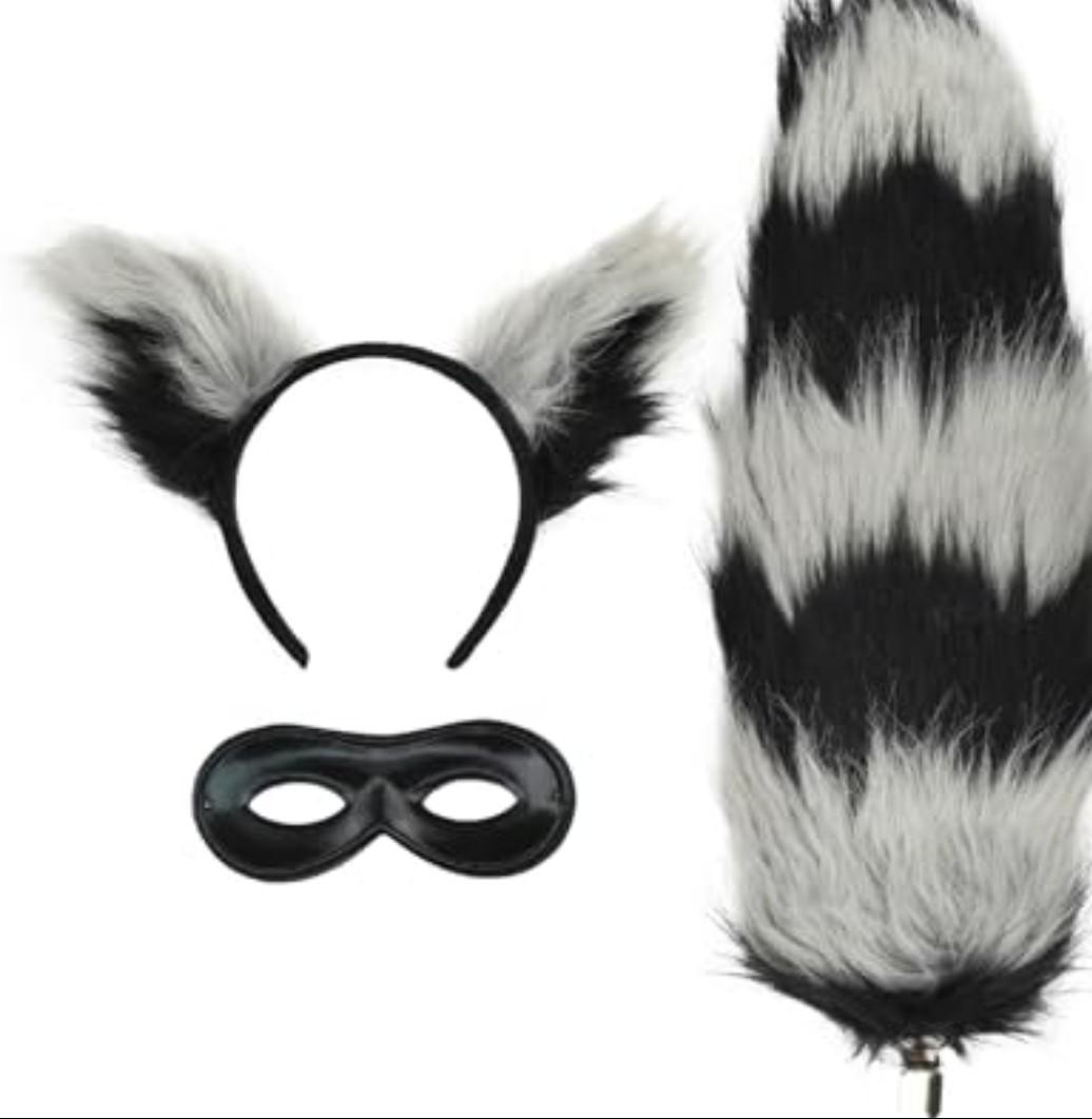 PATURPINT Halloween Costume Raccoon Set, Black and White Furry Ears Headbandi, Tail with Eye Mask, 3-Piece Dress Up Accessories