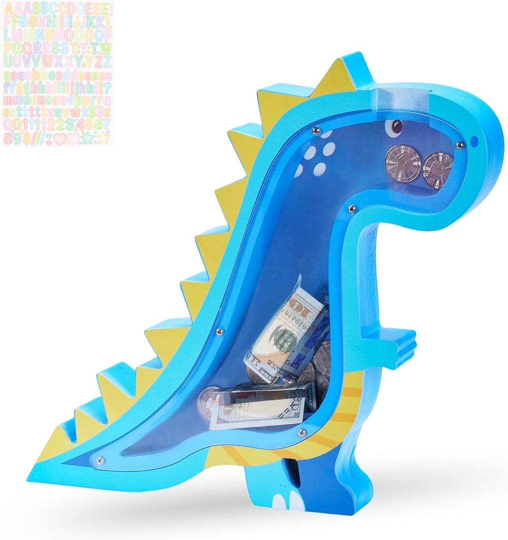 Wooden Dinosaur Piggy Bank for Boys Kids Girls Clear Real Money Coin Bank Toy Toddler Birthday