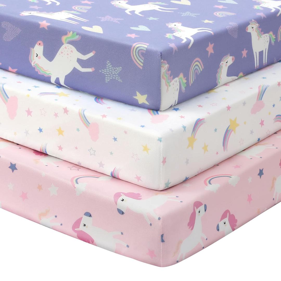 Baby Crib Sheets Girl, 3 Pack Toddler Bed Sheets for 52x28 Standard Toddler Mattresses, Soft Microfiber Fitted Crib Sheets Pink Purple Rainbow