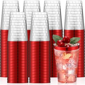 Patelai 100 Pcs Red Plastic Cups 12 oz Red Rimmed Plastic Cups Heavy Duty Disposable Glasses Clear Cocktail Glasses Drinking Tumblers for Party Wedding Christmas Birthday