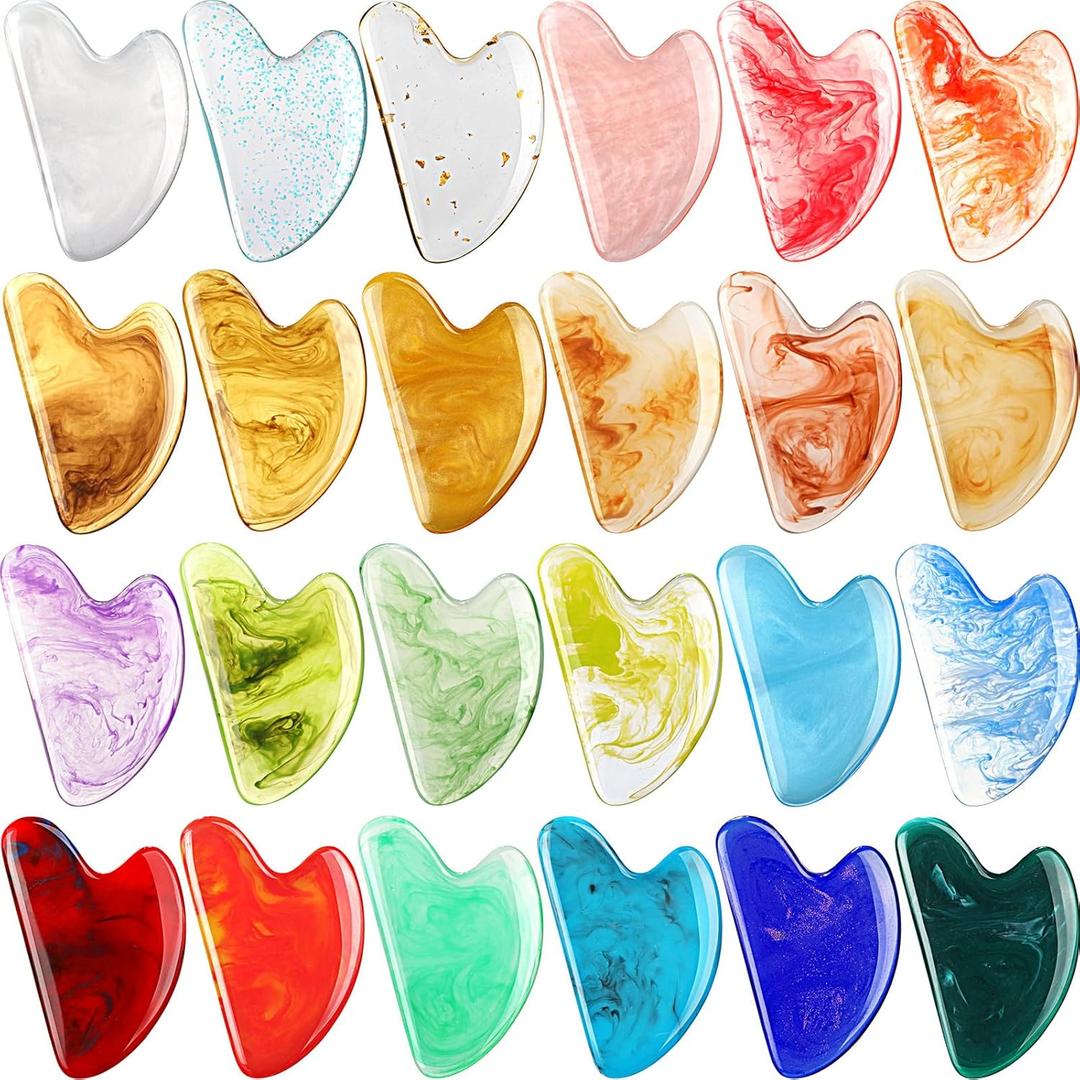 Sherr 12 Pcs Gua Sha Facial Tool Resin Gua Sha Massage Tool Heart Shaped Gua Sha Stone Guasha Board for Face Body Skin Massage Spa Acupuncture Prevent Wrinkles (Mixed Colors)