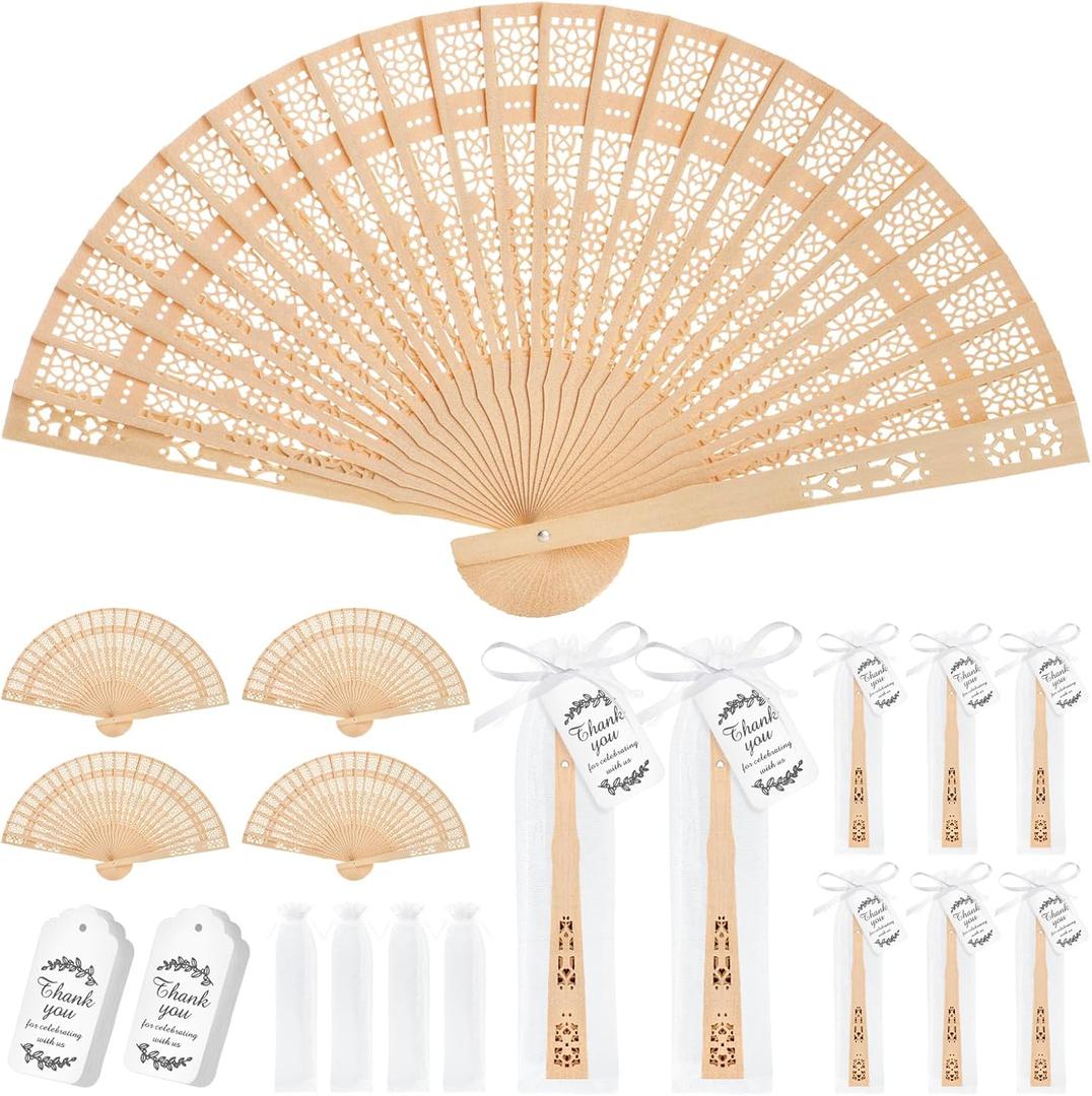 50 Sets Wooden Folding Hand Fans for Wedding Favors Bridal Shower Gifts for Guests, Summer Party Favors Bulk Return Gifts with Organza Bags and Thank You Tag (Original Wood Color)