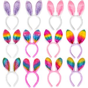 MGparty 12 PCS Easter Bunny Ears Headbands Colorful Rabbit Ear Hairband for Easter Party Decoration for Kids and Adult