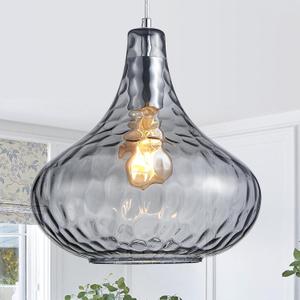 Hammered Glass Pendant Light - 11" Vintage Industrial Farmhouse Fixture for Kitchen Island, Dining Room & Entryway, Smoke Gray Ceiling Hanging Light with Chrome Finish,Easy Install Modern Chandelier