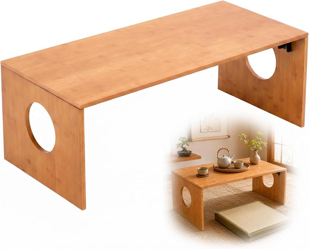 Nuanchu Japanese Floor Table - Foldable Bamboo Low Coffee Desk for Sitting on Rug, 31.5" Japandi Tea Platform for Tatami Seating, Meditation Altar & Low-Profile Cushion Tray, 31.5" x 14.5" x 11.8"