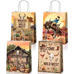 JOYGATHER 24 Pcs Cowboy Party Favors Bags with Handles, Western Wild West Goodie Gift Candy Kraft Paper Bags with 4 Different Types for Birthday Party Supplies Baby Shower Decorations