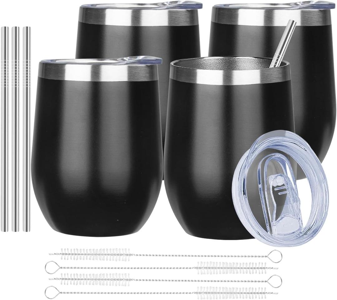 MEZMUT 12 Oz Insulated Tumbler with Lid Double Wall Vacuum Stainless Steel Glass Coffee Mug Insulated Tumbler Cup for Champaign, Cocktail, Beer (Black, 4 Pack)