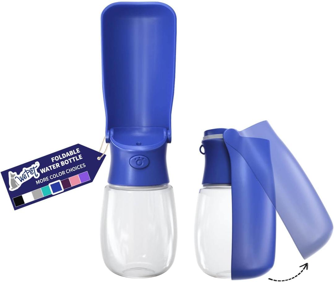 WePet Foldable Portable Dog Water Bottle Puppy Water Dispenser with Drinking Feeder, 12 OZ, High-Temperature Resistant Leak Proof for Pets Outdoor Walking, Hiking, Travel, Food Grade Plastic BPA Free (#06 Navy Blue)