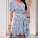 Womens Wrap V Neck Short Sleeve Dress 2025 Summer Floral Boho Dress Ruffle A Line Flowy High Low Midi Dresses (XL)