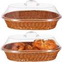 2 PCS Bread Fruit Baskets with Lid - 14 x 10 Inch Wicker Bread Basket with Acrylic Lid, Woven Bread Basket Fruit Tray with Clear Cover, Rattan Food Serving Tray for Home Picnics Bakery Storage
