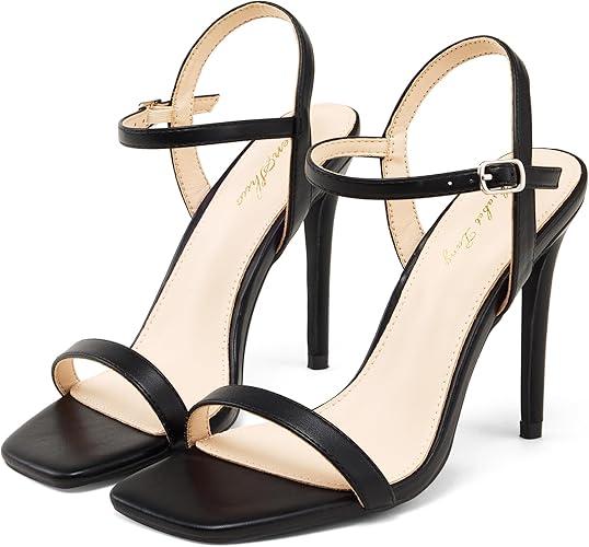 Elisabet Tang Women's High Heeled Sandals 4 Inch Strappy Sling Back Stiletto Open Square Toe Heels with Ankle Straps at Wedding Party Prom Work Dating, 8