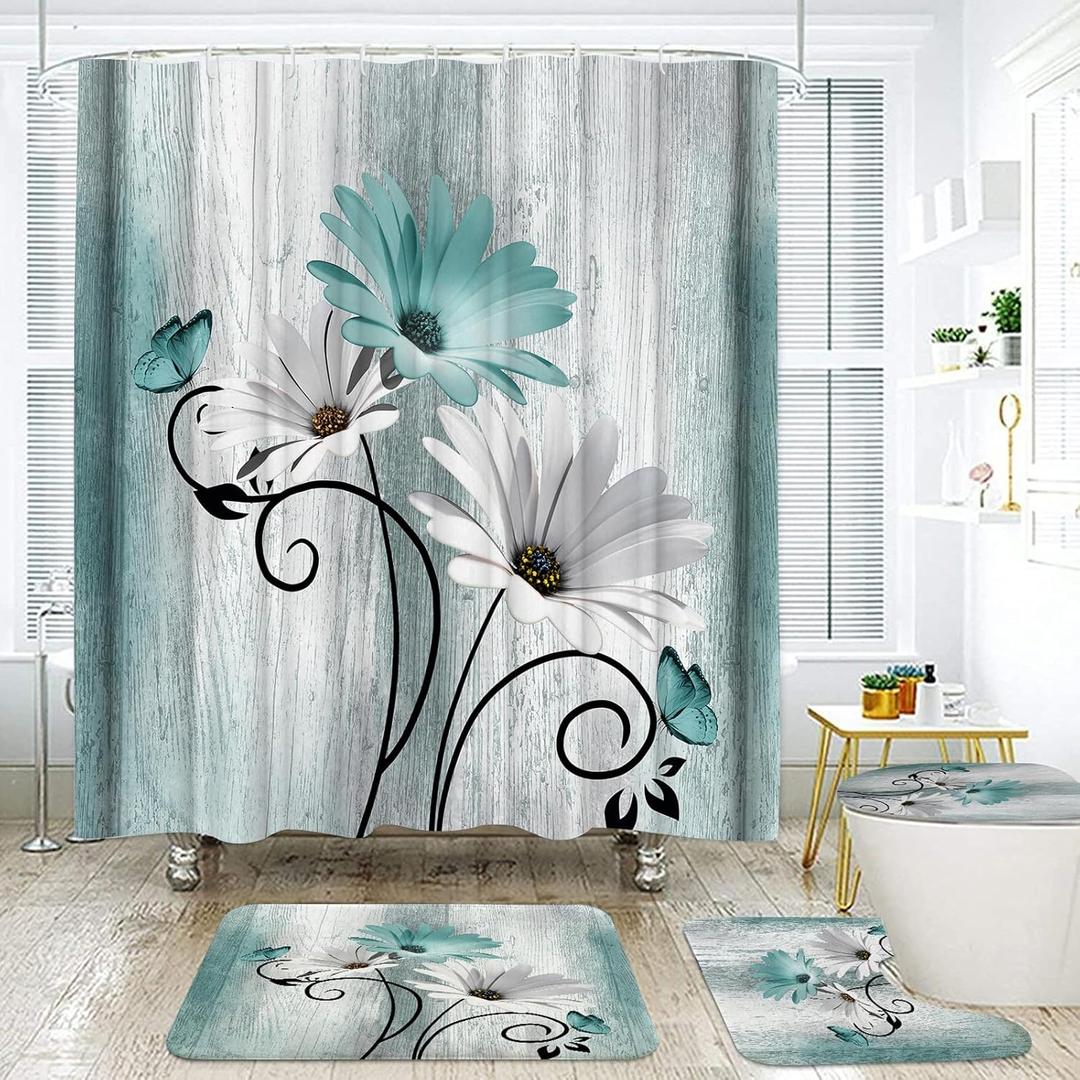 Onalasyc 4PCS Teal Daisy Country Farmhouse Shower Curtain Set with Shower Curtain and Carpet and Accessories, Waterproof Bathroom Shower Curtain Decorative Set with 12 pcs Hooks,71 x 71in