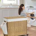 SONGMICS Laundry Hamper with Lid, 42.3 Gallons (160 L), Rolling Laundry Basket with Wheels, 3-Section Synthetic Rattan, Removable Liner, Bedroom, 29.9 x 13 x 26 Inches, Natural ULCB365N01