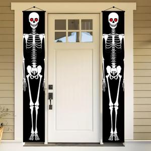 Skeleton Halloween Banner Red Eyes 12x71 Inch Scary Skeleton Welcome Sign for Door Outdoor Halloween Decoration Spooky Hanging Banner for Porch Haunted House Decor