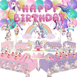 Unicorn Party Birthday Supplies - 220Pcs Unicorn Party Decorations Included Backdrop, Banner, Tablecloth, Hanging Swirls, Cupcake Toppers, Tableware, Paper Towel, Latex Balloons (BIG)