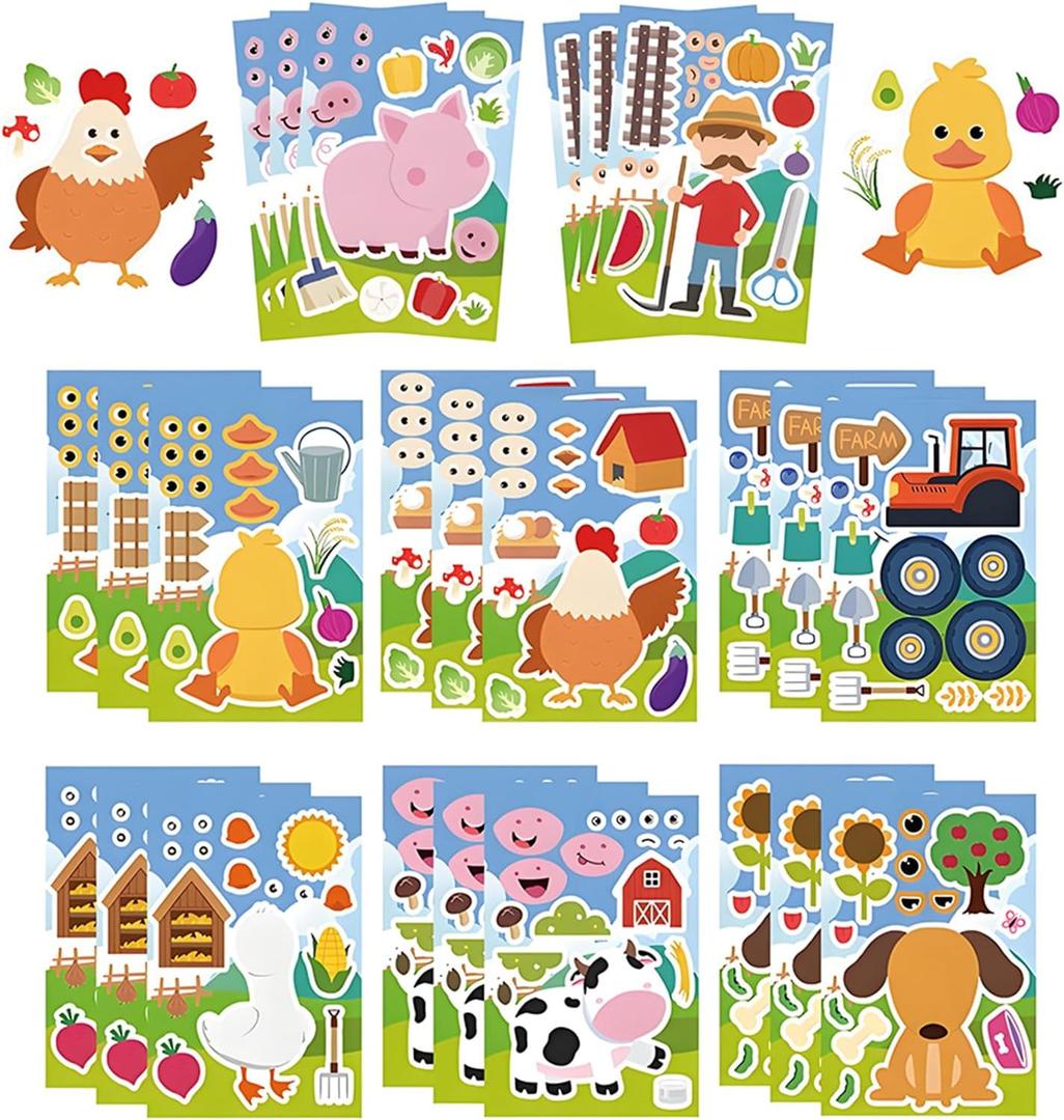 3 x Ohhaha 24 Sheets Farm Animal Stickers, Make a Face Sticker Sheets for Kids Todders Activities, Make Your Own Stickers for Kids Birthday Party Favor Supplies Craft