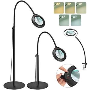 Drdefi 10X Magnifying Floor Lamp with Light, 24" Flexible Gooseneck Standing Magnifying Glass, 3-in-1 LED 5 Color Modes Stepless Dimmable Lighted Magnifier Lamp Hands-Free for Close Work, Reading
