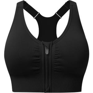 Zip Front Sports Bras for Women Adjustable Racerback Medium Support Bras Padded Post-Surgery Bras Seamless Yoga Athletic Bra (Black, XXL)