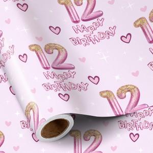 RUSPEPA 12th Birthday Wrapping Paper Girls, Hearts and Pink Number 12 Balloons Happy Birthday Design, 12 Years Old, Mini Roll, 17 Inches x 16.4 Feet, Perfect for Girls' Birthday Party Gifts