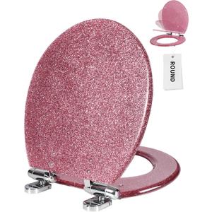 Angol Shiold Round Resin Toilet Seat Glitter Pink Soft Close Quick Release Metal Zinc Alloy Hinge Easy to Install also Easy to Clean, Decorative Acrylic Seats (17 Inch, Pink Glitter)