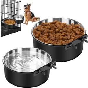 Dog Crate Water Bowl No Spill, 2 Pack Dog Crate Bowls Hanging, Kennel Water Food Bowls Mountable, Pet Cage Accessories Feeder Dish, Large Stainless Steel Coop Cup for Cat Puppy Bunny Guinea Pig Ferret (L(7.1*2.8'' & 6.3*2.6'' ), Black)