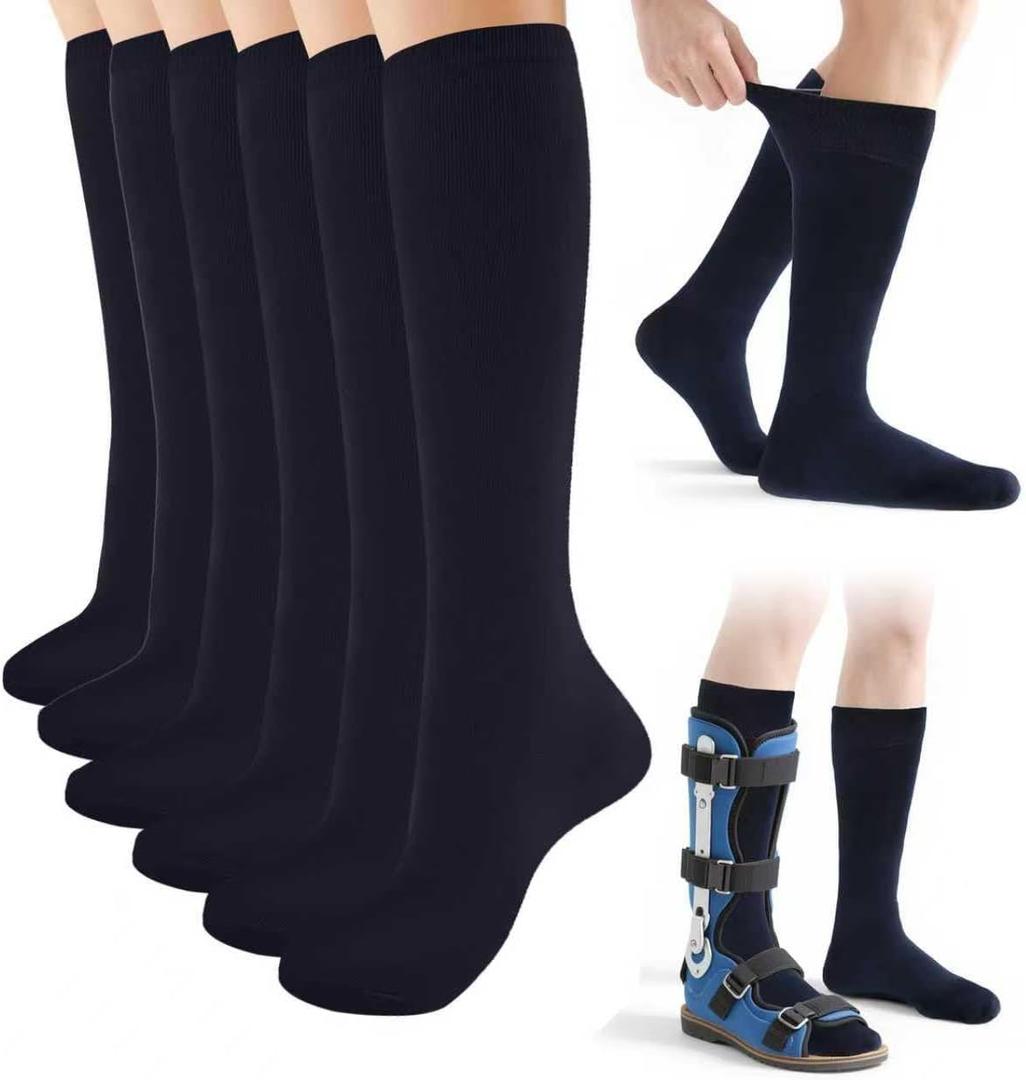 Walking Boot Sock Liner for Cam Walker Boot,Breathable Surgical Tube Cast Sock for Fracture Orthopedic Boot Women and Men 3 Pairs Navy blue