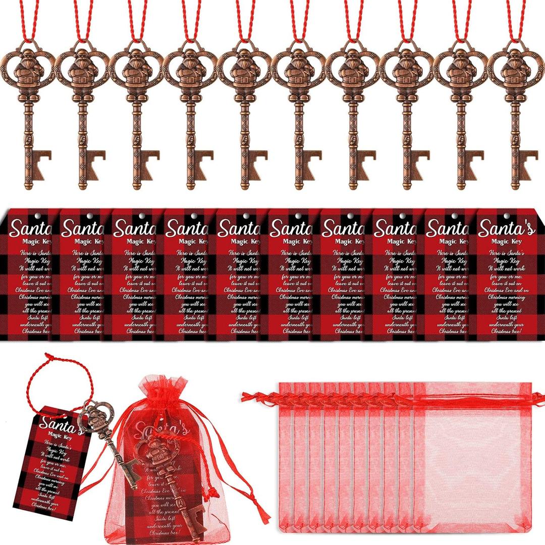 Dingion 10 Sets Santa's Key for No Chimney House Metal Key with Santa Claus Card a Gift Bag Vintage Skeleton Charm Key Christmas Tree Ornament for Christmas Holiday, Red
