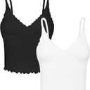 Sunzel Tank Top for Women, V Neck Seamless Ribbed Crop Camisole with Ruffles (Large, Black & White)