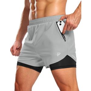 Pudolla Men's Lightweight 2 in 1 Running Shorts 5" Zipper Pockets Quick Dry Gym Workout Athletic Shorts Compression Liner (Medium)