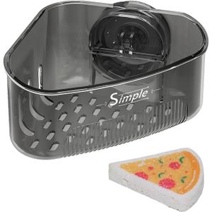 Suction Cup Sink Corner Rack,Sponge Holder with Strong Suction Cup, Kitchen Sink Organizer with Drainage Holes, Storage Rack for Bathroom, with Pizza - Shaped Sponge (Black)