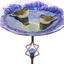 MUMTOP Solar Bird Bath for Outdoors with LED Lights, Glass Bowl Metal Stake Garden Bird Bath with Anti-Rust Iron Stand, Glowing Bird Feeder Water Station for Yard Lawn Patio Dcor, 30 Inch Height Blue