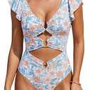 B2prity Women One Piece Swimsuit Tummy Control Ruffle Sleeve V Neck Bathing Suit Cutout Sexy High Waisted Monokini Orange Floral, XL