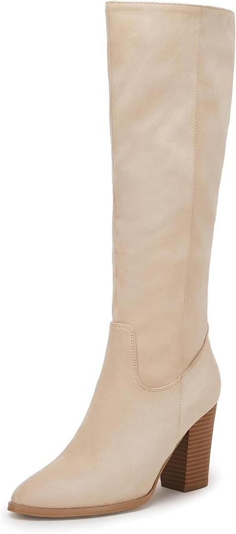 Coutgo Womens Faux Suede Knee High Boots Side Zipper Chunky Heel Stretch Winter Boots (Beige)