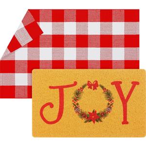 Tinideya 2 Pcs Merry Christmas Door Mats Joy Wreath Welcome Doormats with Layered Plaid Rug Christmas Front Door Rugs for Entrance Porch Winter Holiday Outdoors Decor 17 x 29 Inch