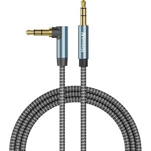 Nanxudyj 15ft 3.5mm Audio Cable, 90 Degree Right Angle Aux Cord, Black-Gray Braided Male to Male TRS Stereo Jack for Car, Headphones, Speakers, Tablets, PC, 24K Gold Plated
